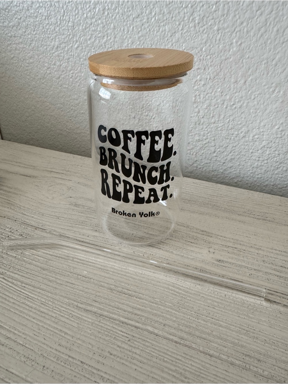 Broken Yolk Glass Storage Jar with Bamboo Lid - Clear Glass with Black Text